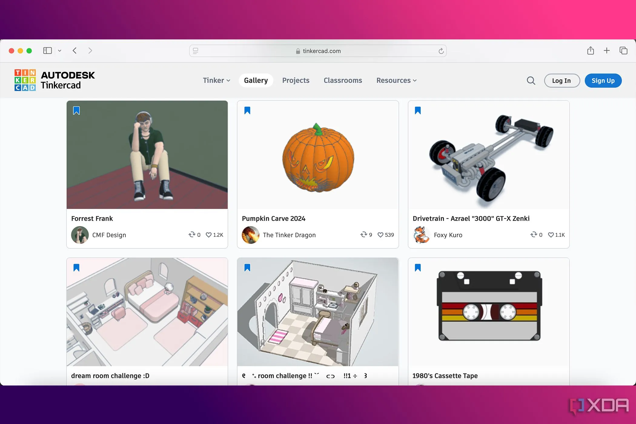 Giao diện thư viện dự án của Autodesk Tinkercad với các mô hình 3D