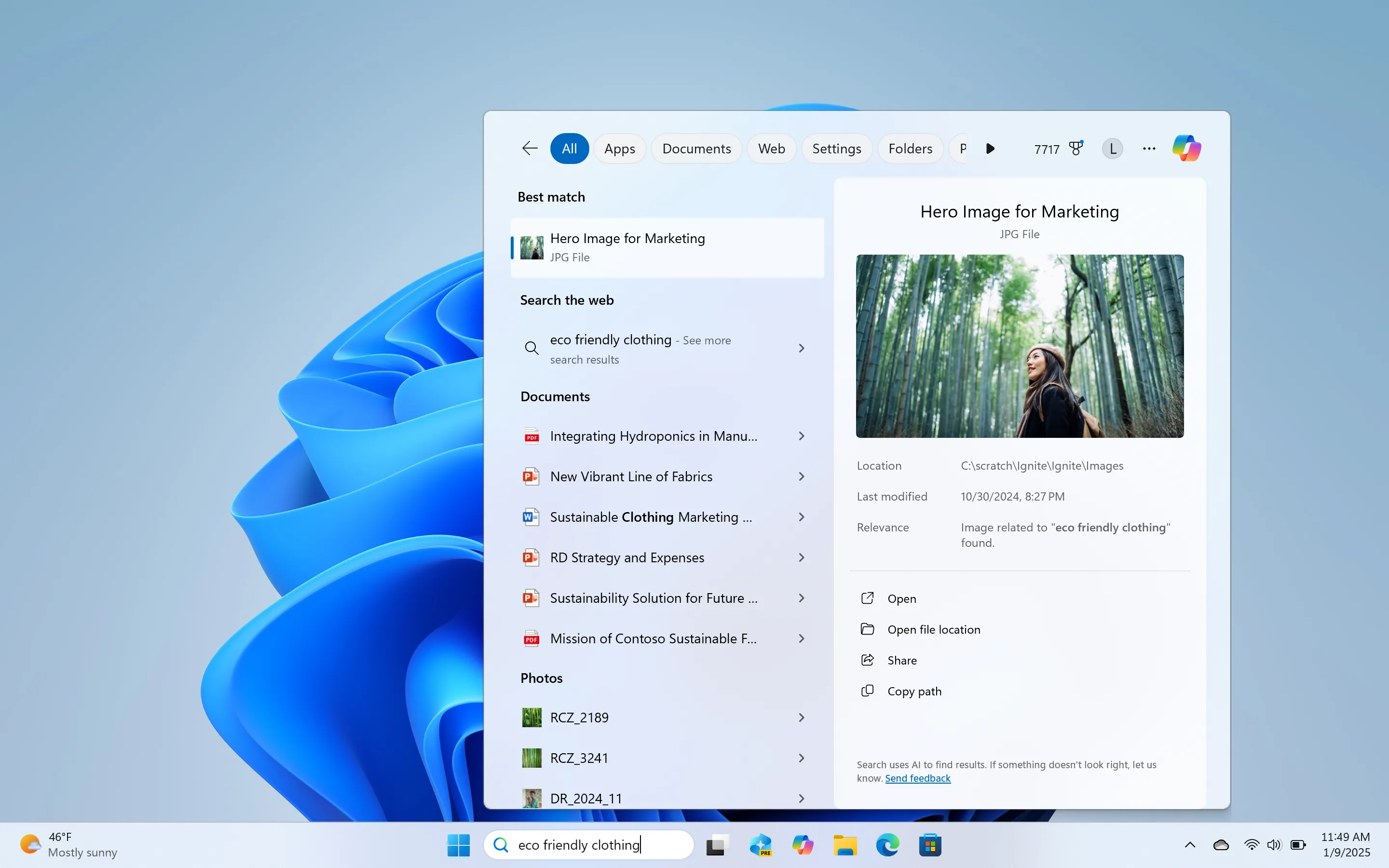 Giao diện tìm kiếm AI ngữ cảnh mới trên Windows 11 hiển thị kết quả dựa trên mô tả như "cầu lúc hoàng hôn" hoặc "ngân sách chuyến đi Châu Âu".