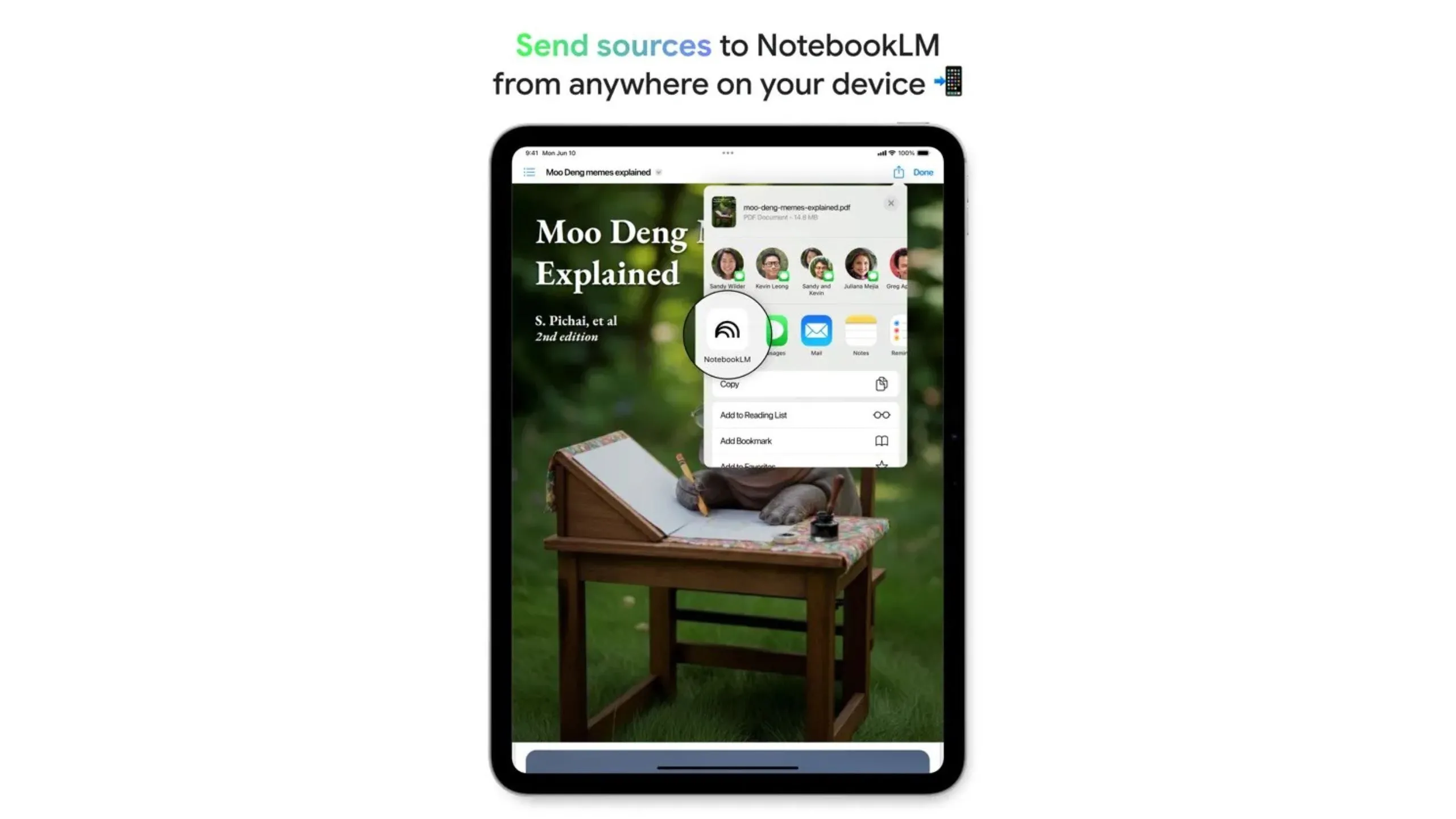 Giao diện tính năng Nguồn của NotebookLM trên ứng dụng di động, hiển thị khả năng thêm PDF, trang web và video.