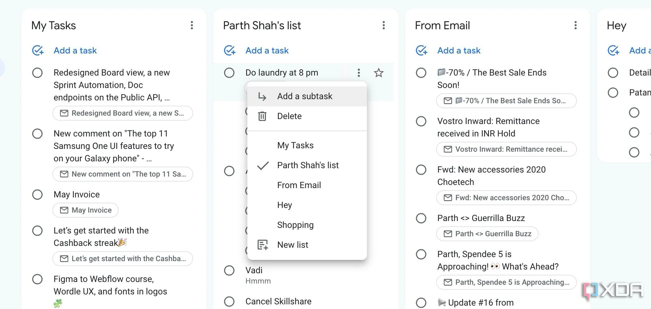 Giao diện tối giản của Google Tasks hiển thị các tác vụ và subtasks, minh họa sự tiện lợi khi sử dụng.