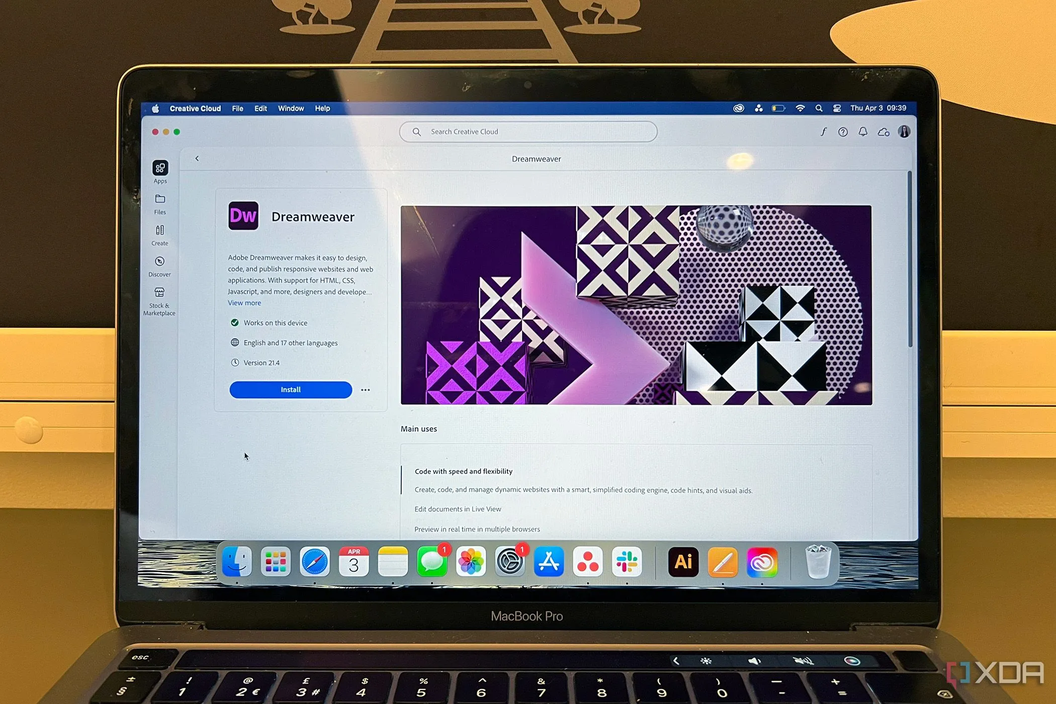 Giao diện trang cài đặt Adobe Dreamweaver trên MacBook