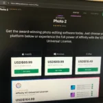 Giao diện trang web hiển thị các tùy chọn giá và gói mua một lần của Affinity Photo