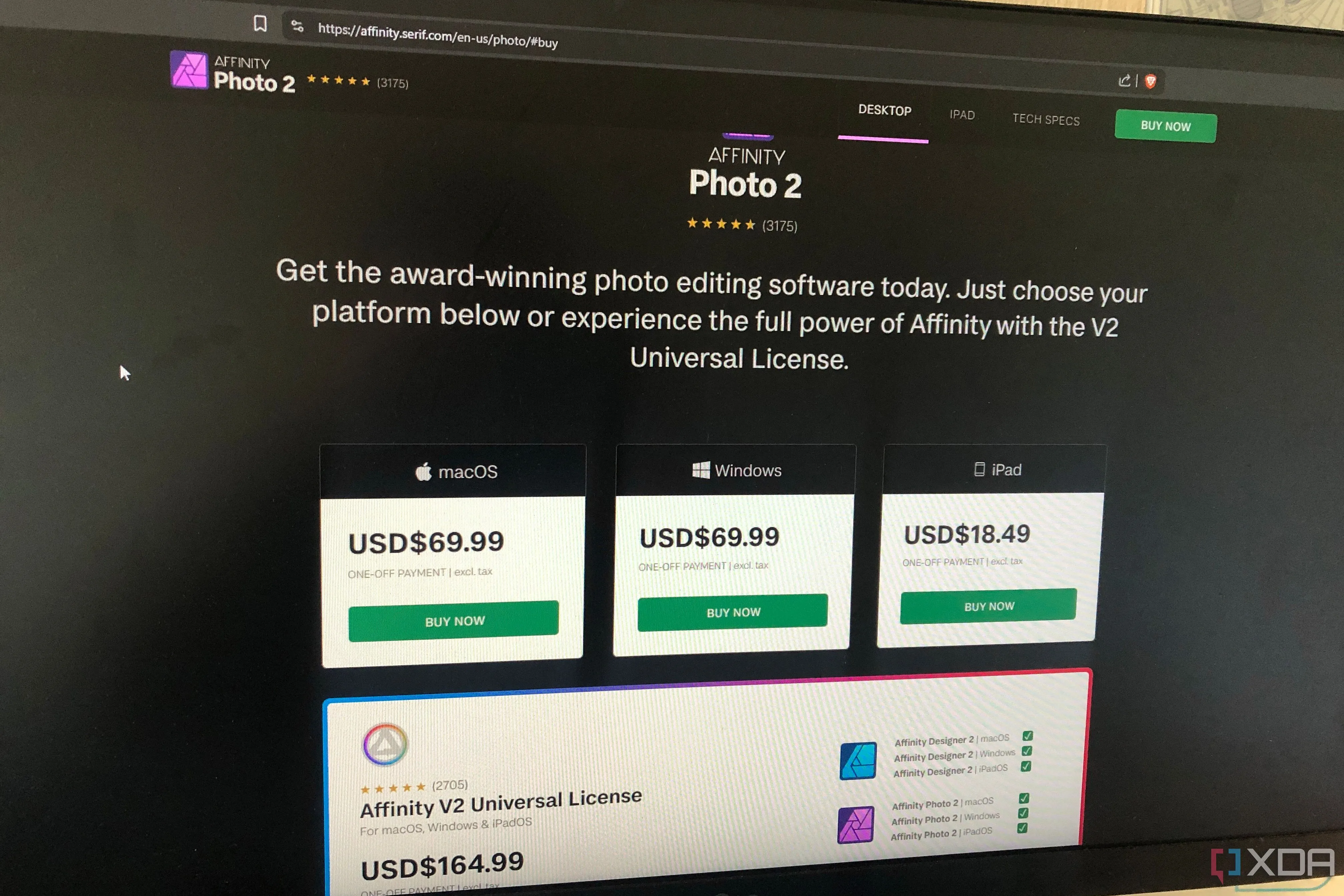 Giao diện trang web hiển thị các tùy chọn giá và gói mua một lần của Affinity Photo
