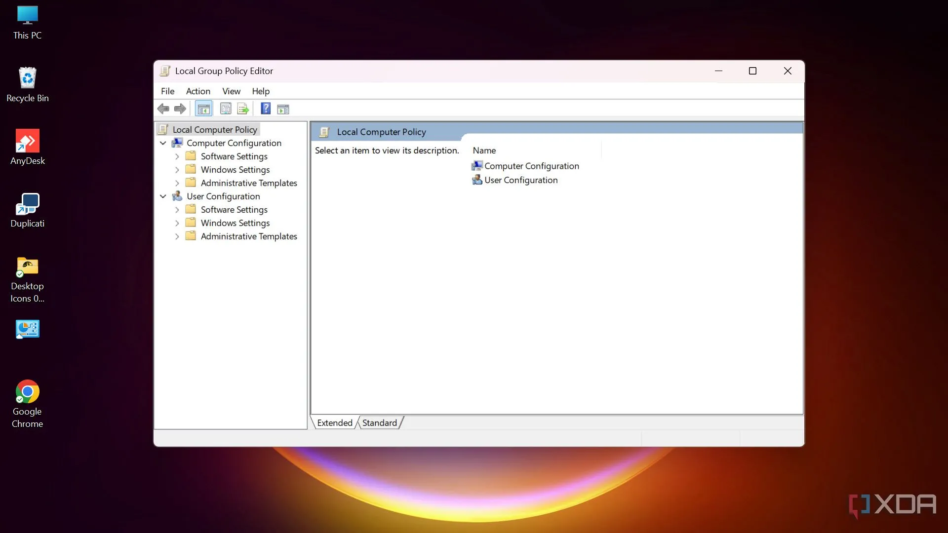 Giao diện Trình chỉnh sửa Chính sách Nhóm Cục bộ (Local Group Policy Editor) đang mở trên máy tính Windows.