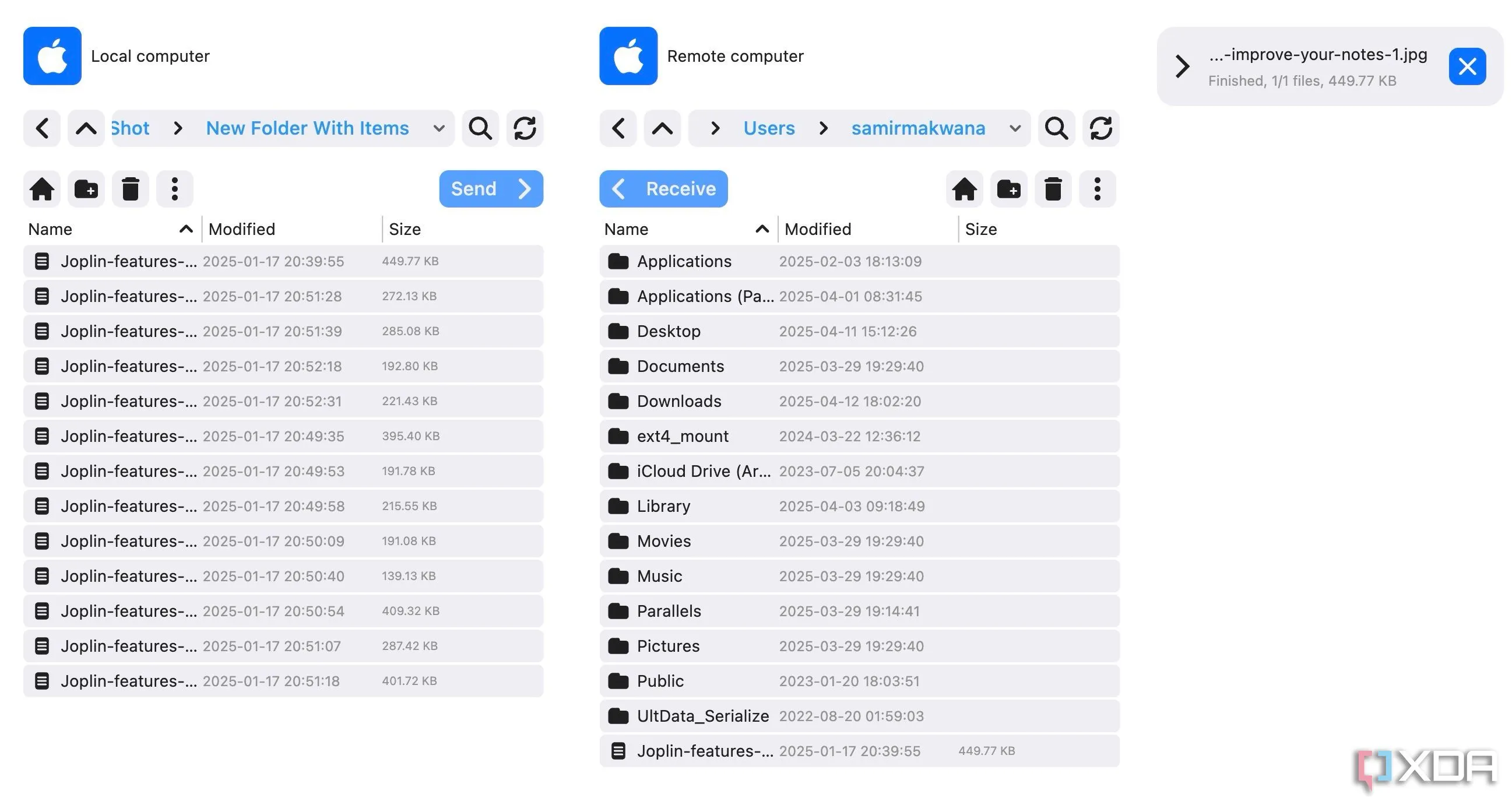 Giao diện truyền tải file của RustDesk, tính năng thiết yếu cho điều khiển từ xa