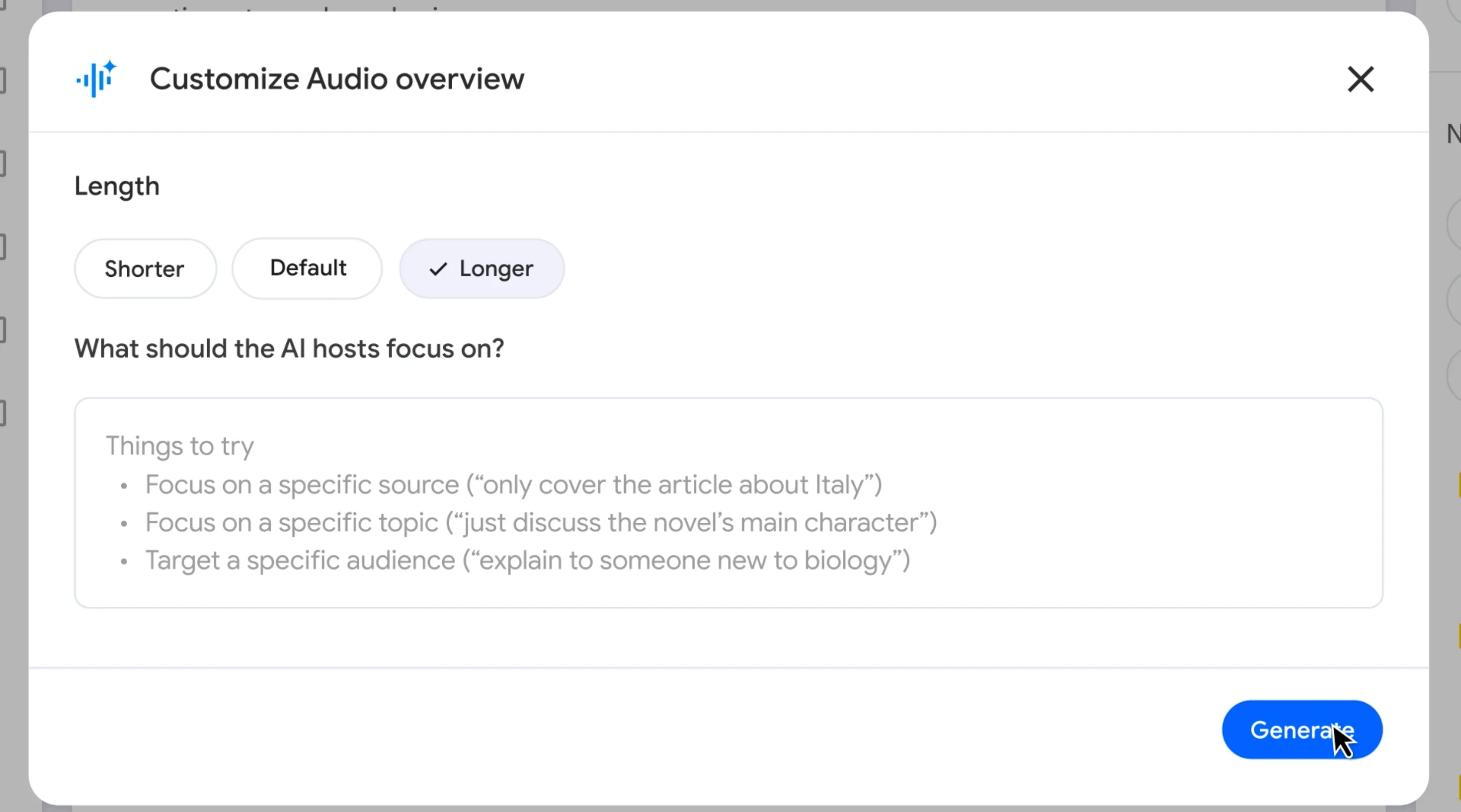 Giao diện tùy chỉnh Audio Overviews của NotebookLM với các lựa chọn độ dài Shorter, Default, Longer