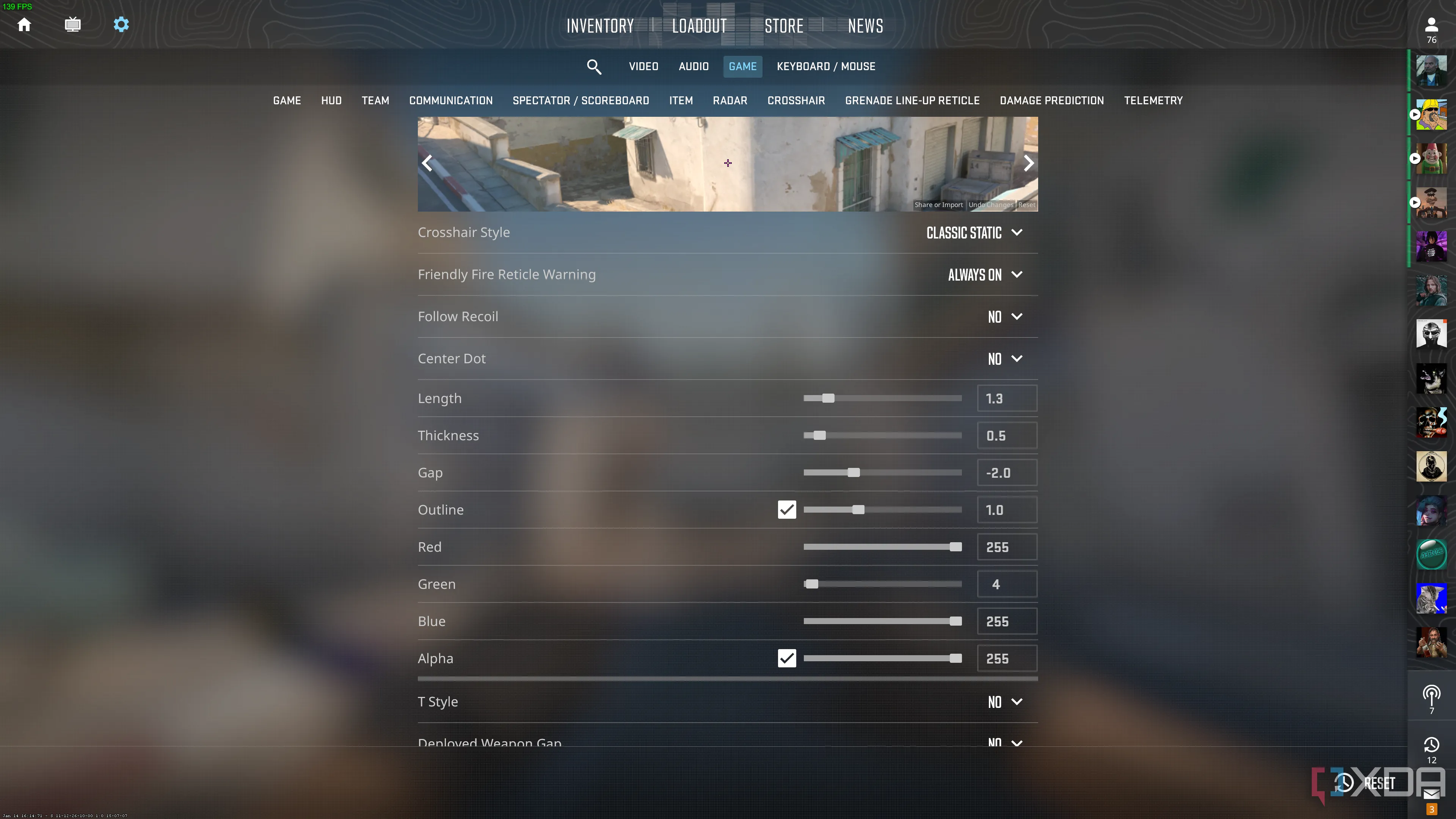 Giao diện tùy chỉnh crosshair trong Counter-Strike 2, hiển thị các thông số điều chỉnh tâm ngắm.