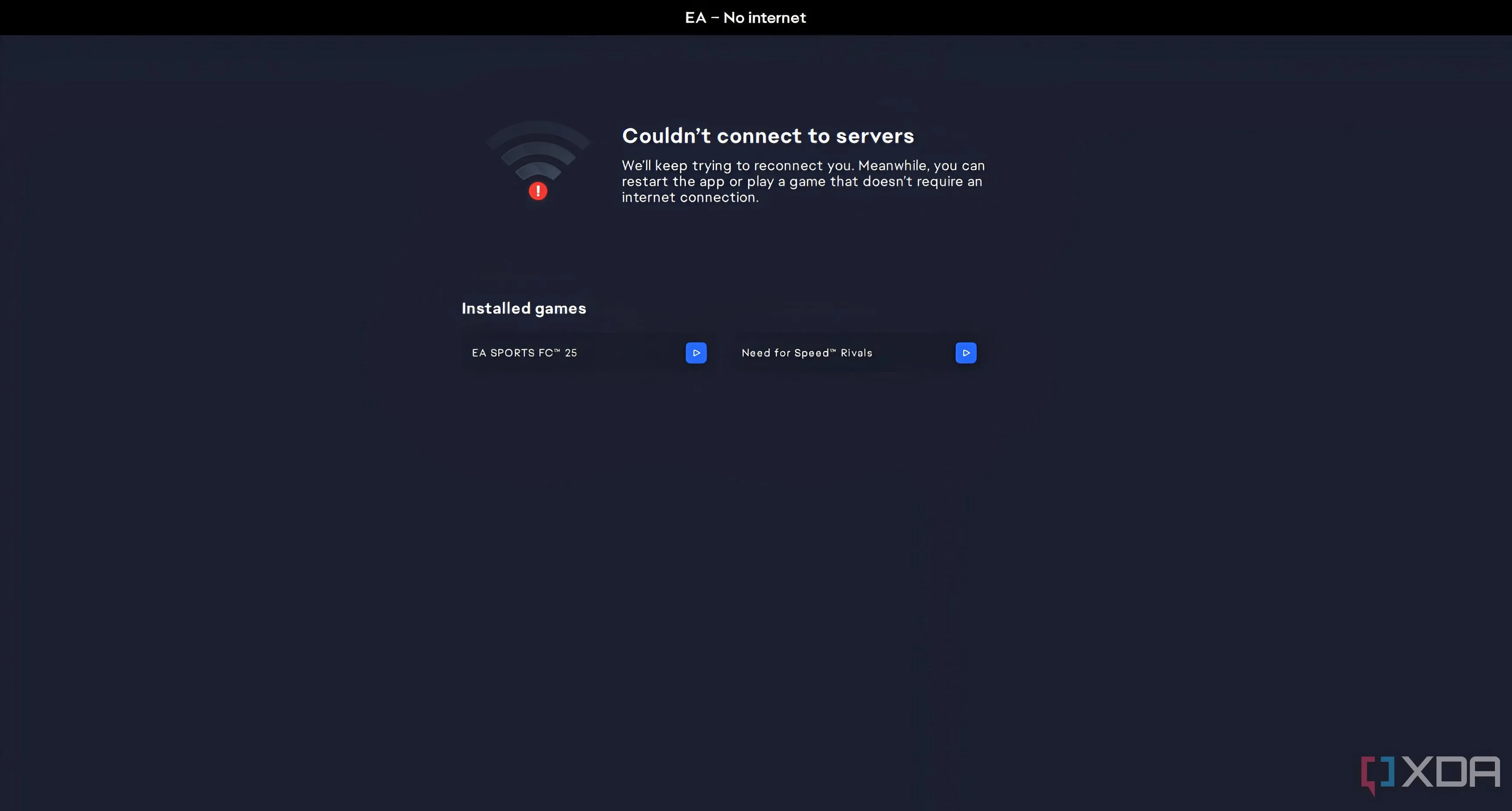 Giao diện ứng dụng EA báo lỗi không có kết nối internet khi cố gắng khởi động EA Sports FC 25.