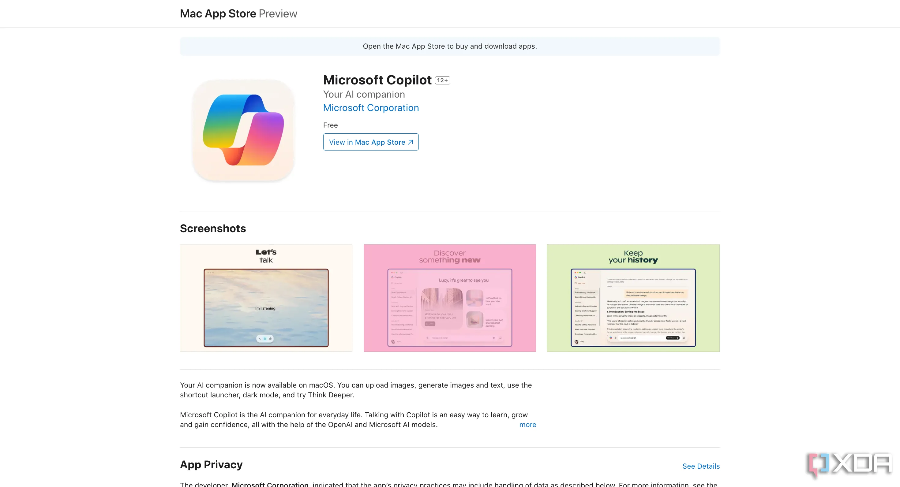 Giao diện ứng dụng Microsoft Copilot chạy trên macOS với các tính năng AI