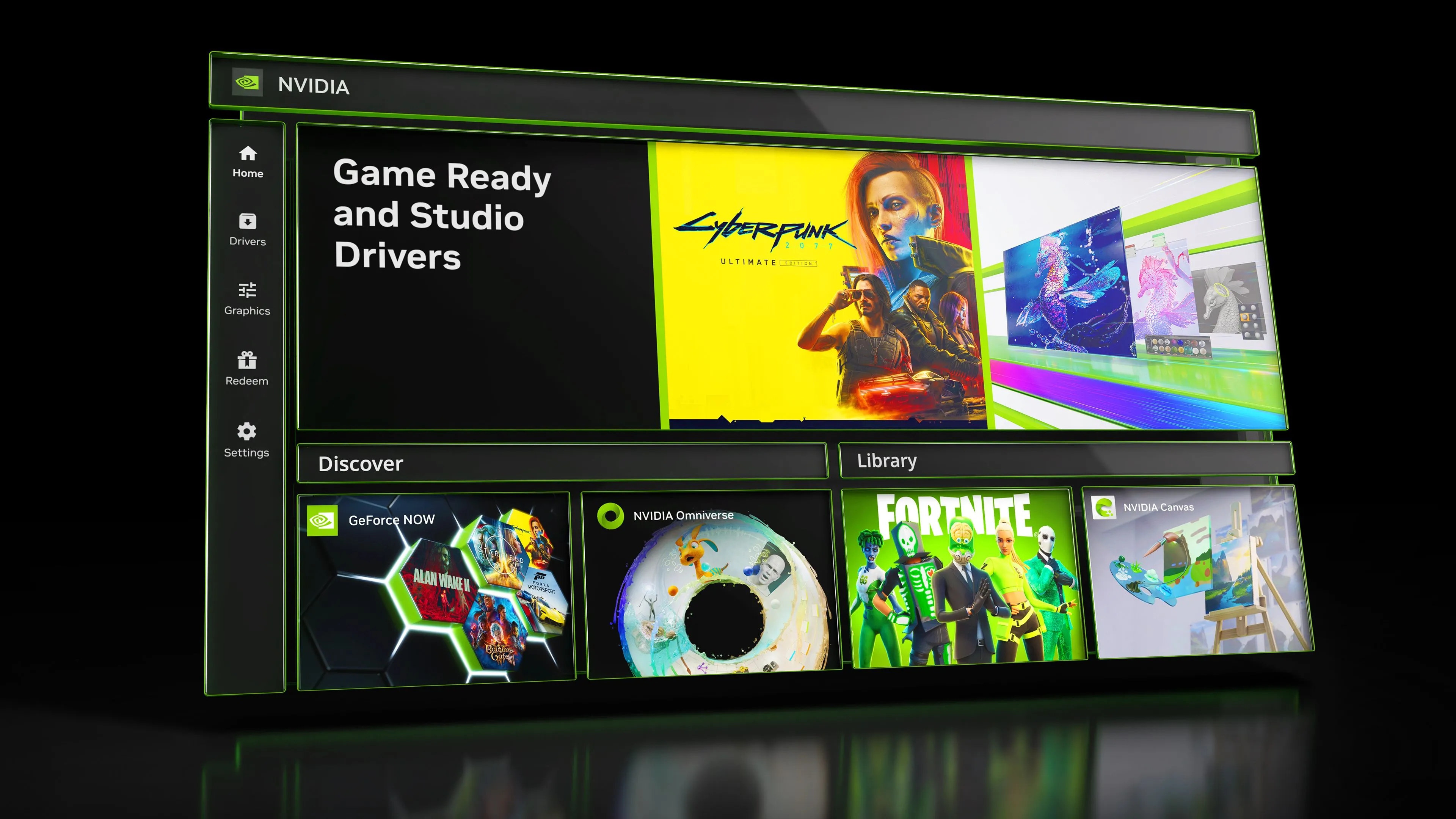 Giao diện ứng dụng Nvidia với các tùy chọn quản lý driver và trò chơi.