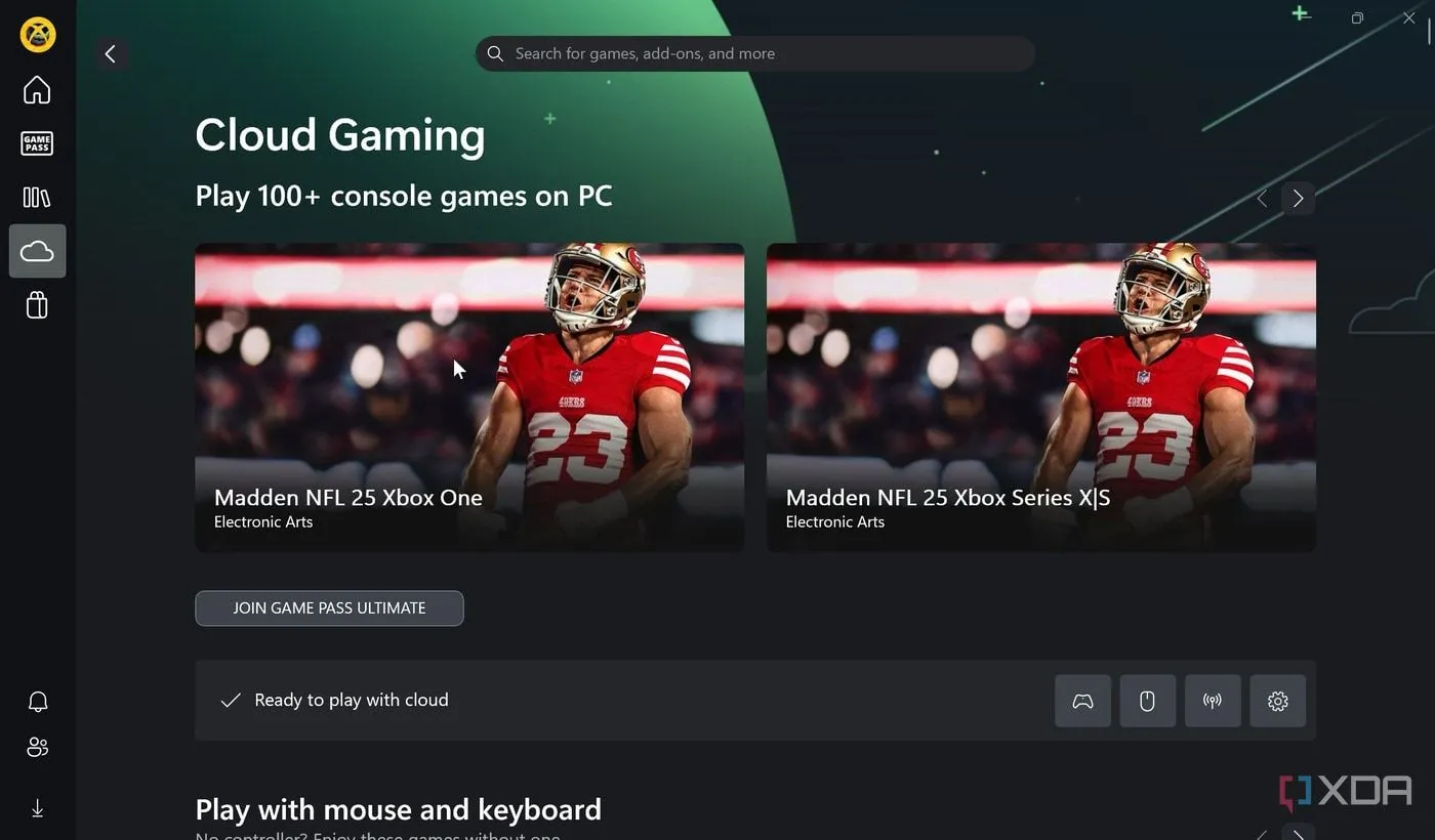 Giao diện ứng dụng Xbox trên Windows 11 hiển thị các tựa game hỗ trợ chơi qua điện toán đám mây, một giải pháp hiệu quả cho PC chơi game ở phòng khách.