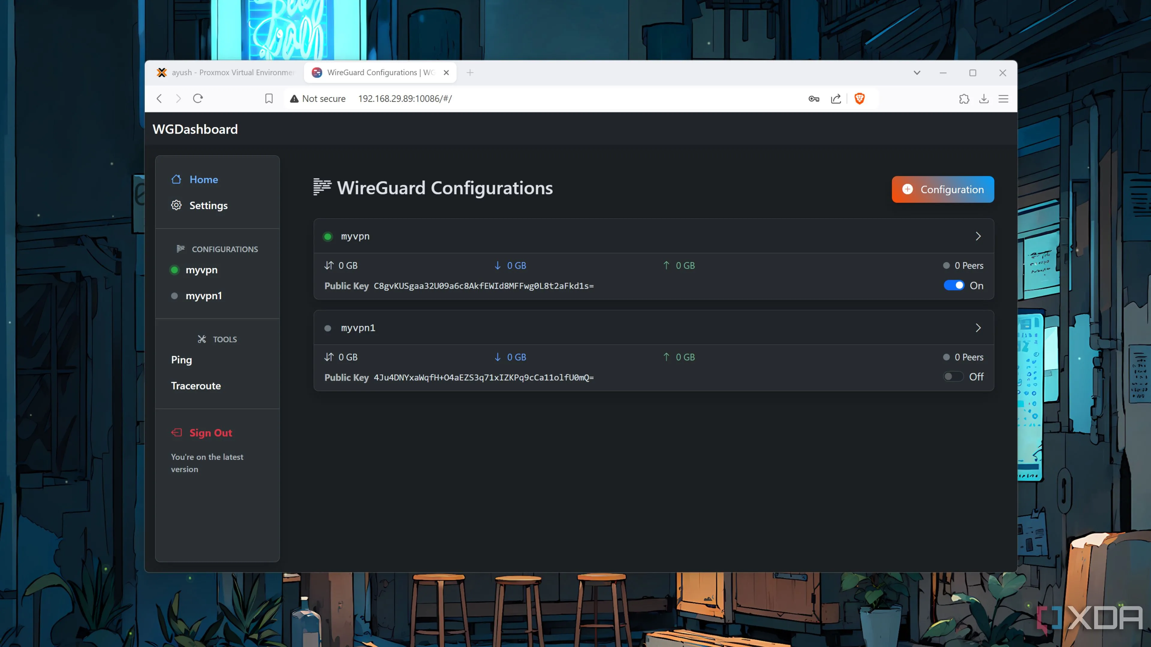 Giao diện WGDashboard của WireGuard VPN với hai đường hầm kết nối đang hoạt động, giúp truy cập Proxmox an toàn từ xa