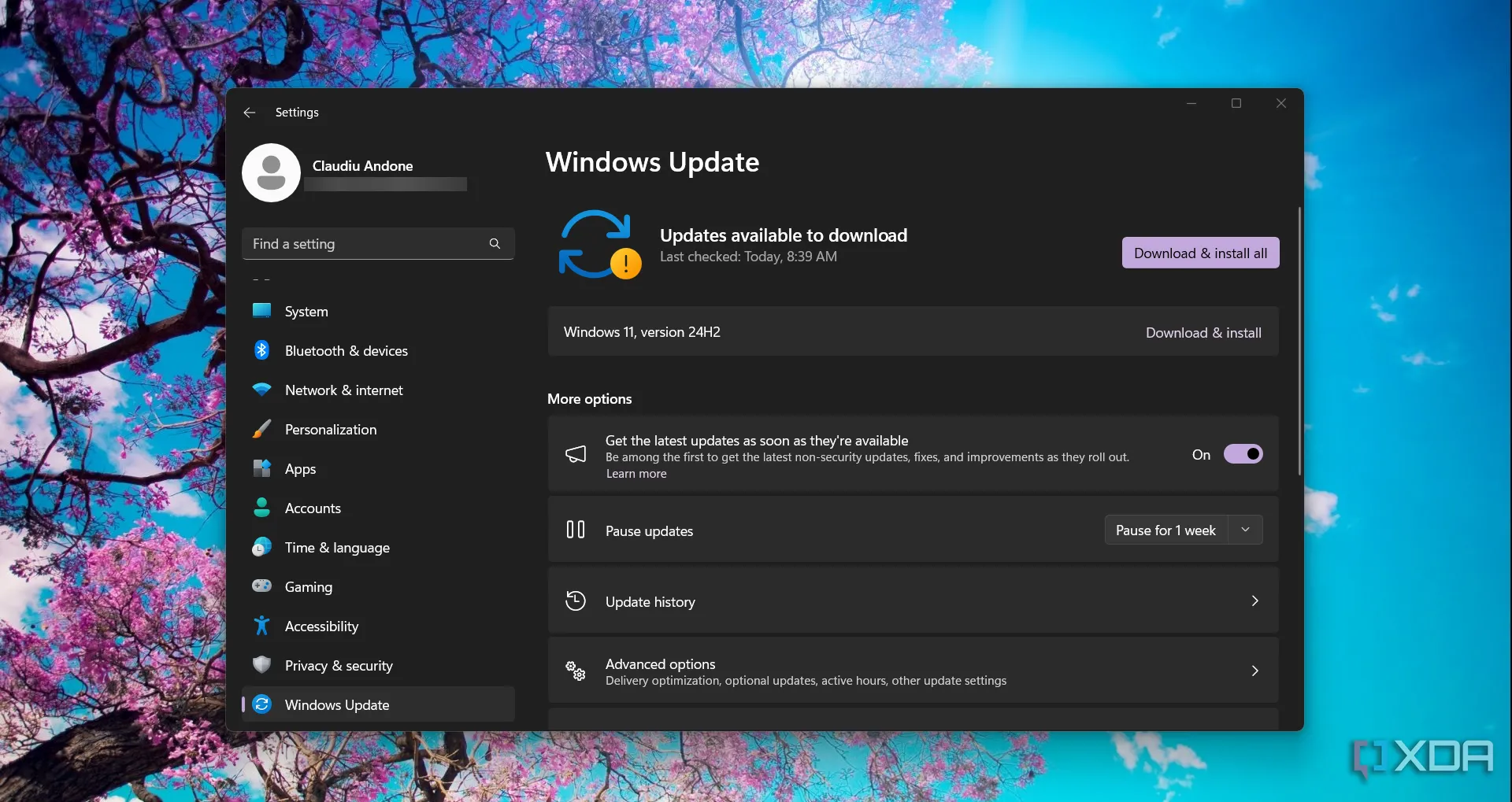 Giao diện Windows Update trong Cài đặt Windows 11, hiển thị trạng thái cập nhật hệ thống.