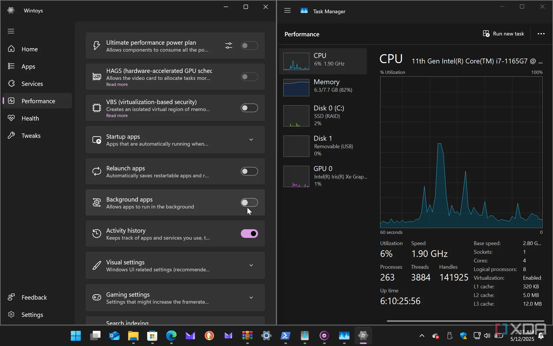 Giao diện Wintoys và Task Manager hiển thị song song trên Windows 11, minh họa mức tiêu thụ tài nguyên thấp của Wintoys.