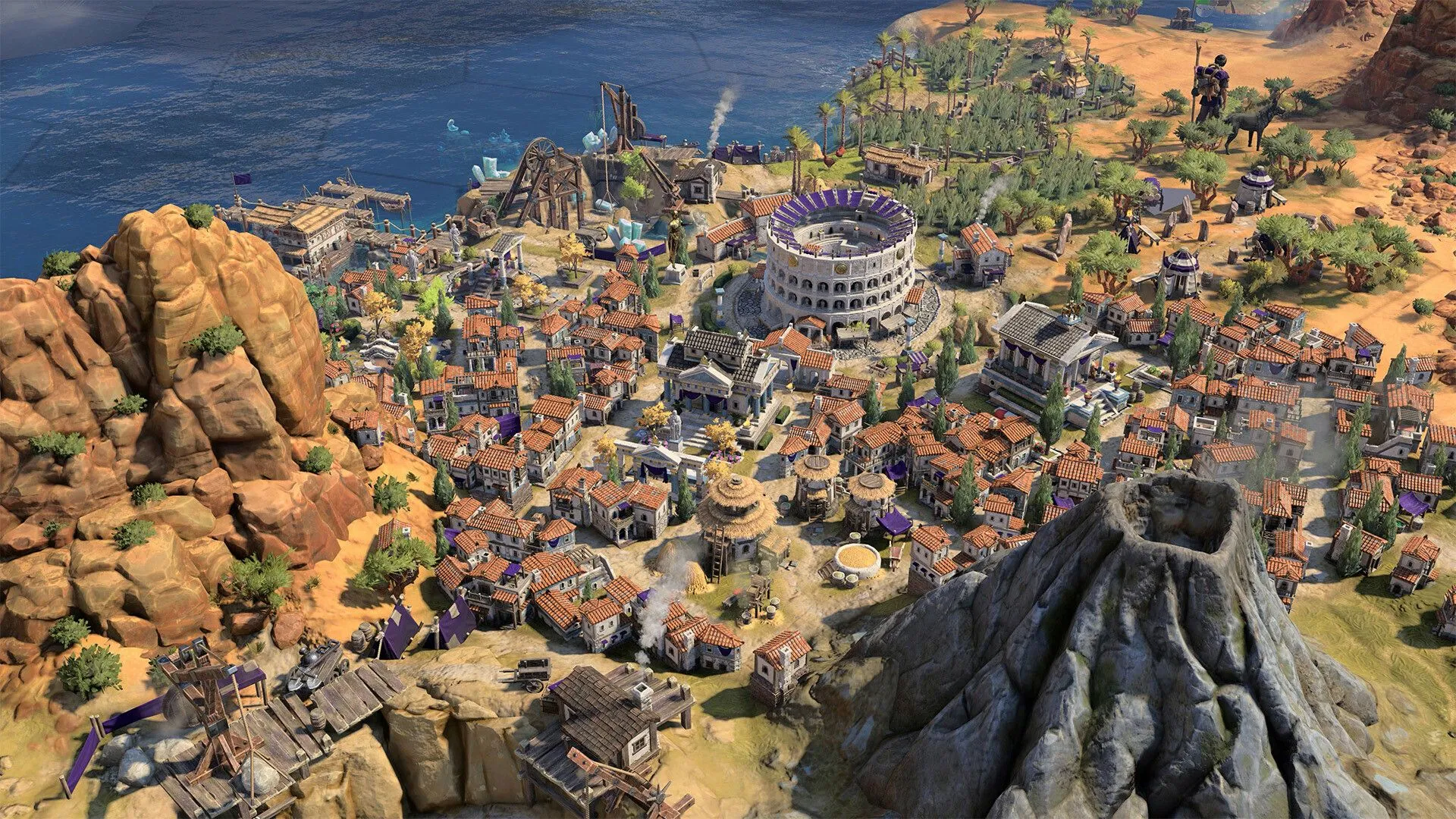 Góc nhìn cận cảnh một thành phố đang phát triển trong Sid Meier's Civilization 7