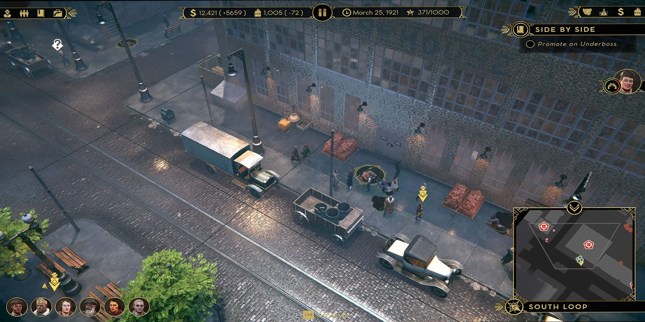 Góc nhìn tổng thể đường phố trong gameplay của Empire of Sin, cho thấy môi trường game và chiến thuật.