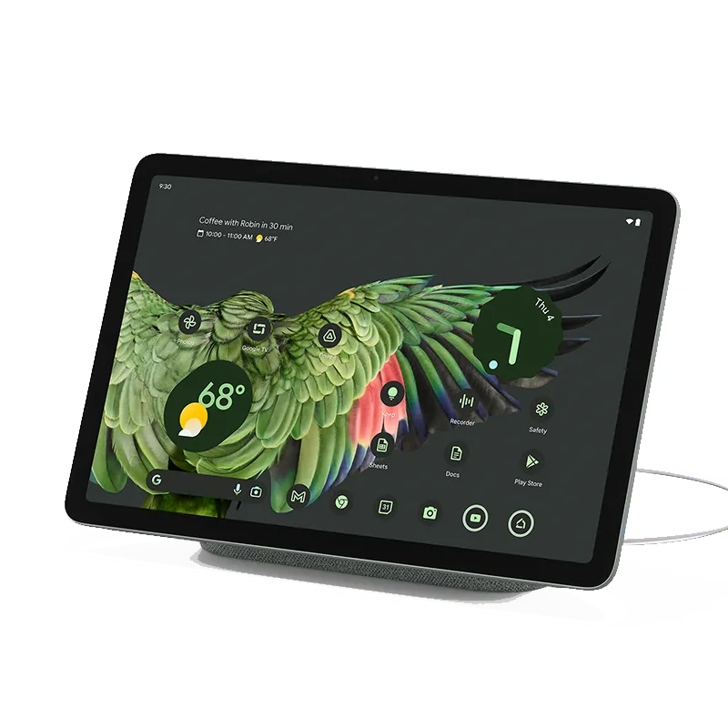 Google Pixel Tablet màu Hazel đặt trên dock loa, tối ưu giải trí
