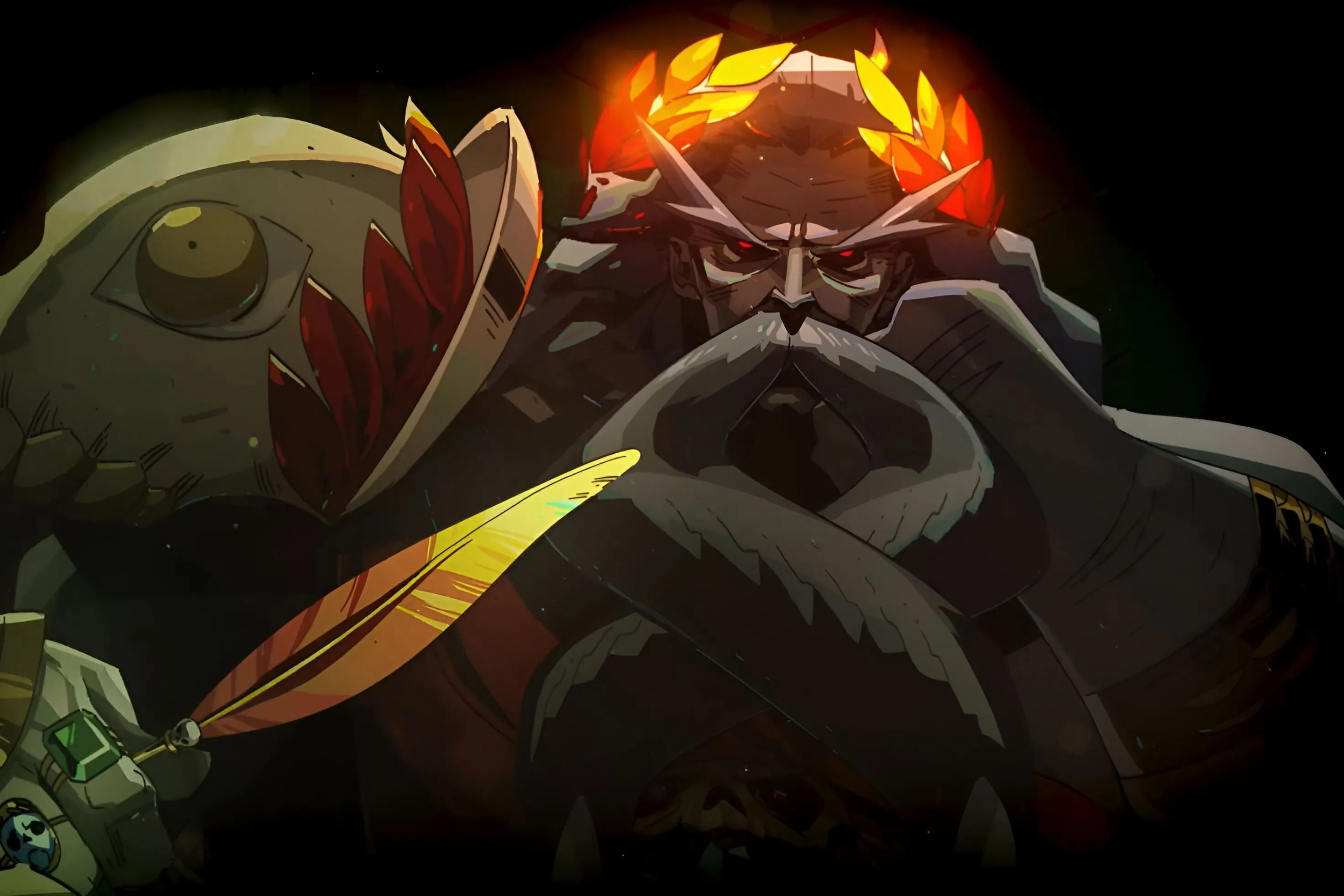 Hades, vị thần cai quản Địa Ngục, với phong thái uy nghi và cây bút lông vàng