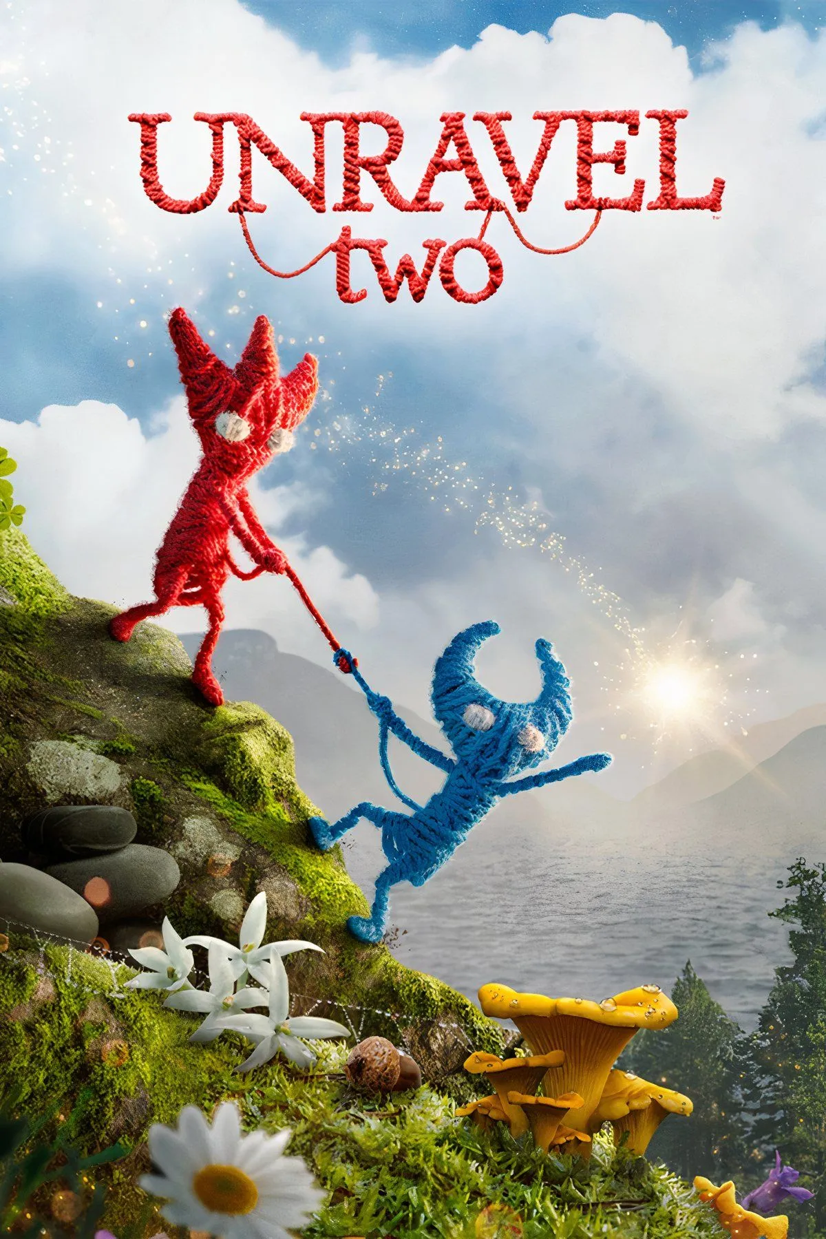 Hai nhân vật Yarny đỏ và xanh gắn kết vượt qua thử thách trong game giải đố Unravel Two