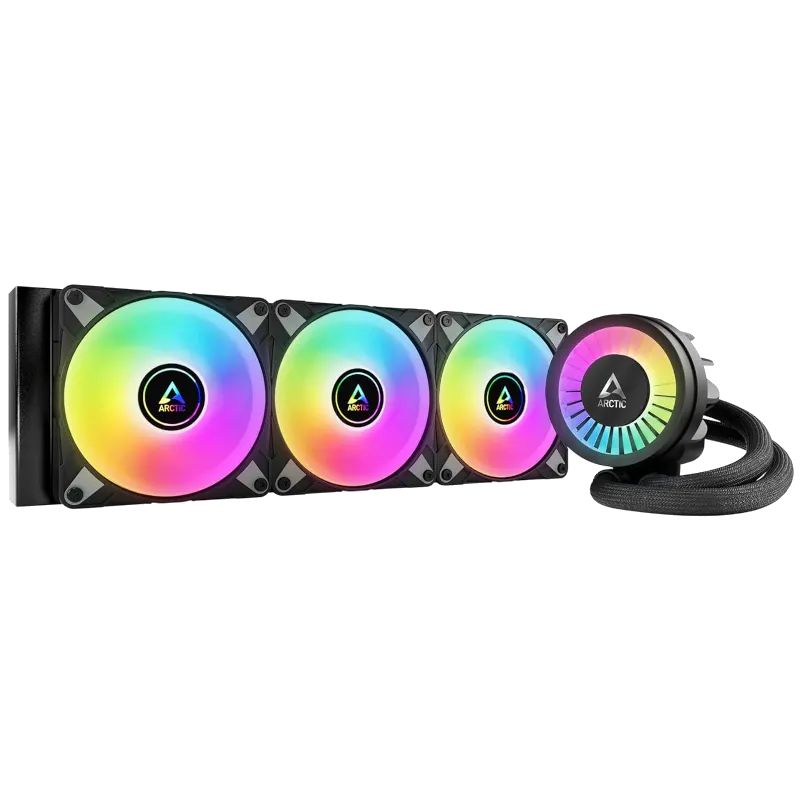 Hệ thống tản nhiệt chất lỏng AIO Arctic Liquid Freezer III 360 A-RGB, hiển thị rõ quạt A-RGB và radiator 360mm.