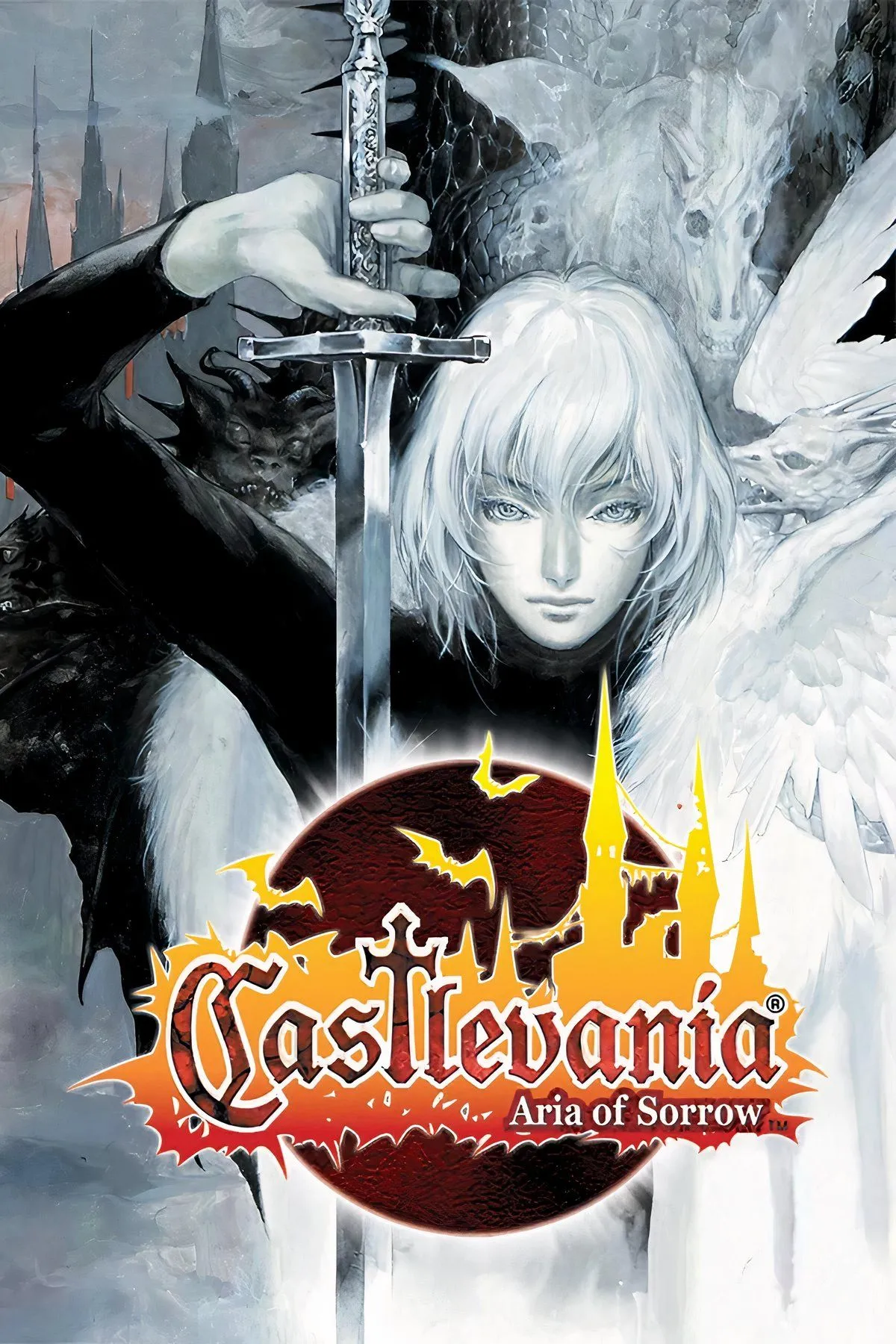 Hình ảnh bìa game Castlevania: Aria of Sorrow, thể hiện phong cách đồ họa pixel cổ điển của trò chơi Metroidvania trên GBA.