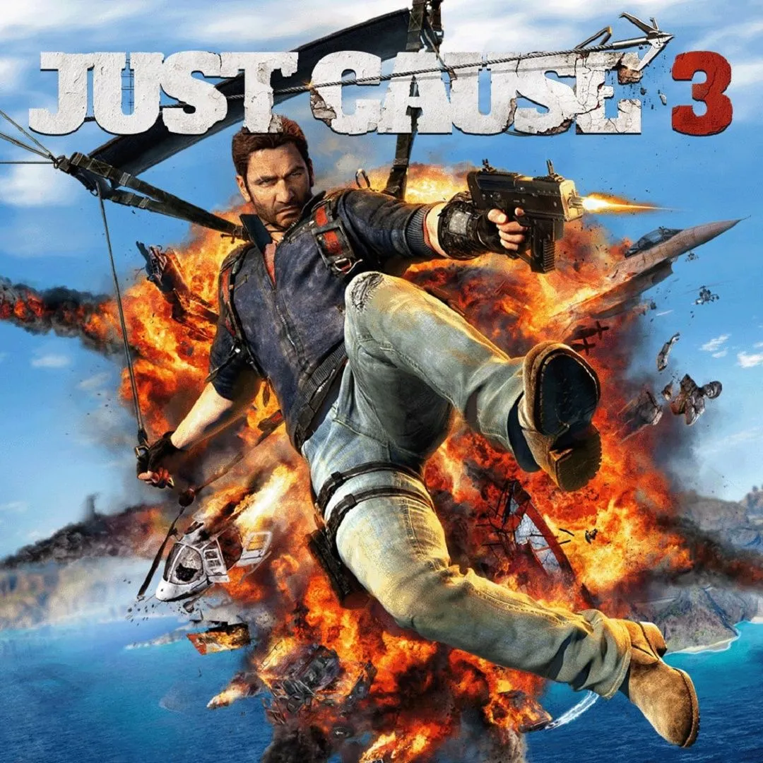 Hình ảnh bìa game Just Cause 3, cho thấy Rico Rodriguez đang bay lượn và gây hỗn loạn trong môi trường thế giới mở rộng lớn.