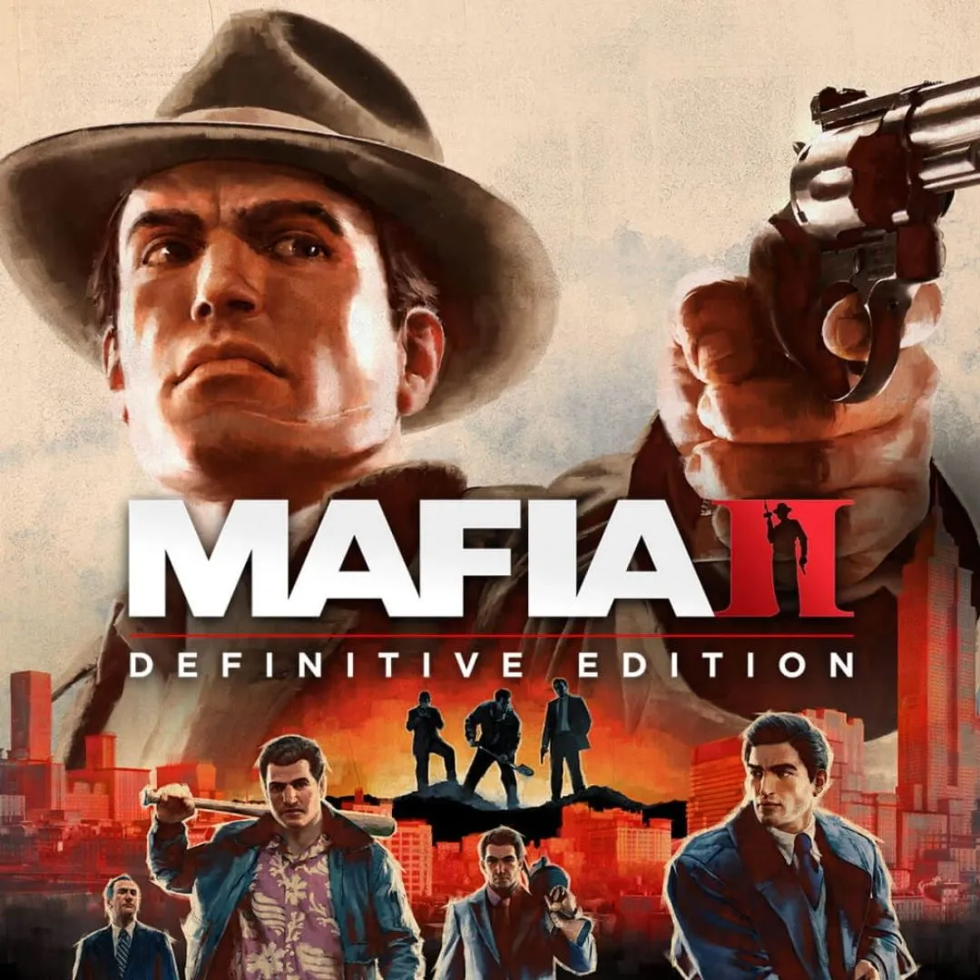 Hình ảnh bìa game Mafia II: Definitive Edition, mô tả nhân vật Vito Scaletta trong bối cảnh thế giới tội phạm thời kỳ vàng son.