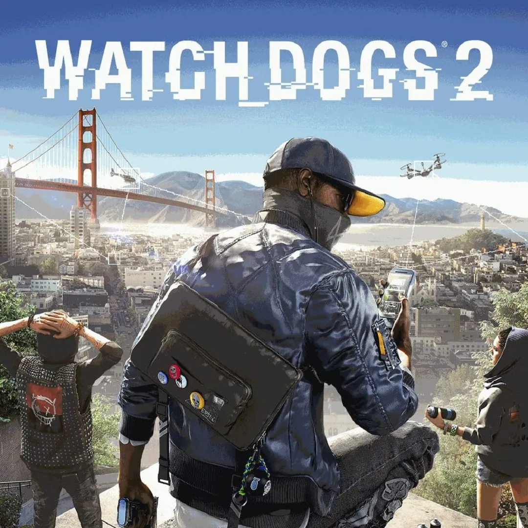 Hình ảnh bìa game Watch Dogs 2, thể hiện nhân vật Marcus Holloway đang sử dụng kỹ năng hack trong bối cảnh San Francisco.