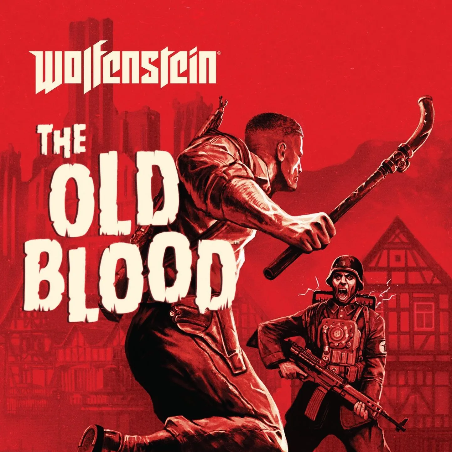 Hình ảnh bìa game Wolfenstein: The Old Blood, thể hiện chiến binh BJ Blazkowicz trong bối cảnh Thế chiến thứ hai, tiền truyện độc lập của New Order.