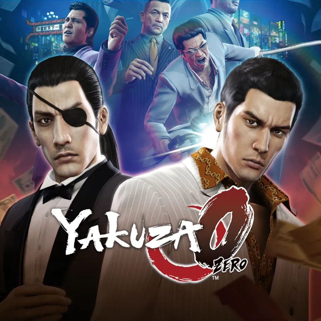 Hình ảnh bìa game Yakuza 0, miêu tả Kiryu Kazuma và Goro Majima, hai nhân vật chính trong thế giới ngầm Nhật Bản những năm 80.