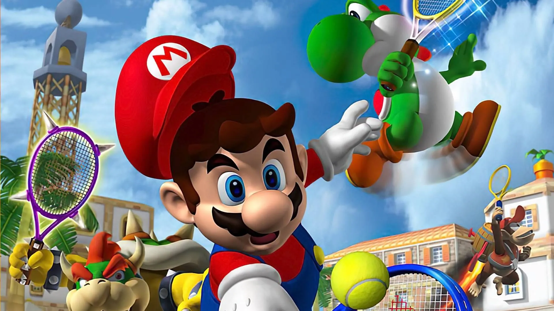 Hình ảnh các nhân vật Mario trong game Mario Power Tennis, một phần của bộ sưu tập Mario Sports trên GameCube