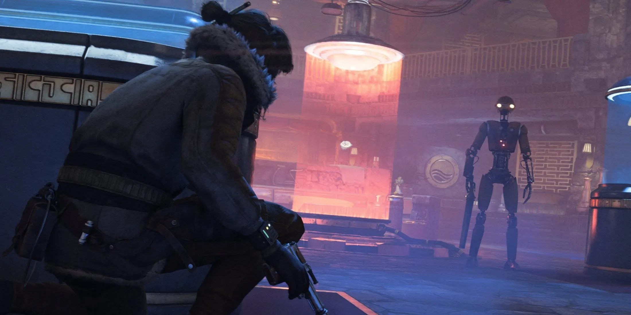 Hình ảnh cận cảnh nhân vật chính Kay Vess cùng người bạn đồng hành Nix trong Star Wars Outlaws, thể hiện đồ họa sống động