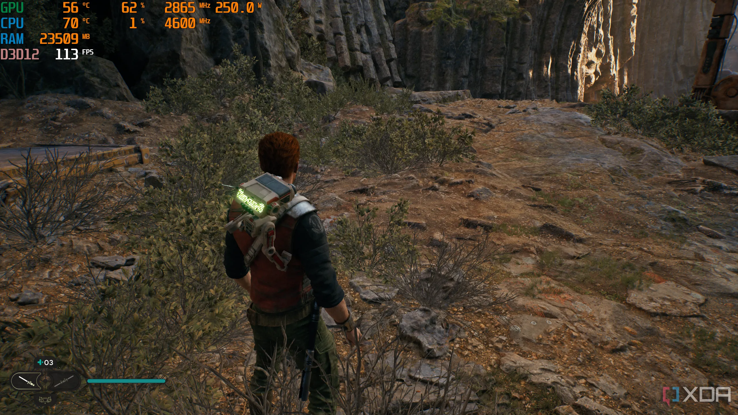 Hình ảnh game Jedi Survivor chạy trên PC với công cụ MSI Afterburner giám sát hiệu năng