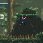 Hình ảnh gameplay của Ninja Gaiden: Ragebound: Ninja Kenji Mozu chiến đấu trong khu rừng cổ thụ