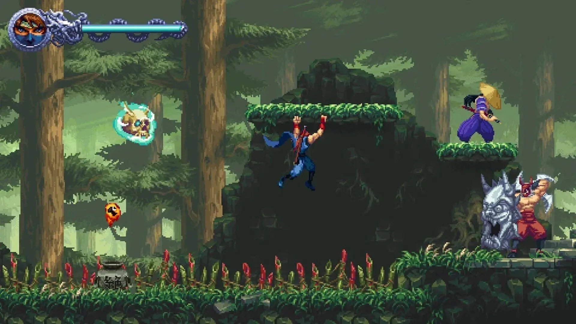 Hình ảnh gameplay của Ninja Gaiden: Ragebound: Ninja Kenji Mozu chiến đấu trong khu rừng cổ thụ