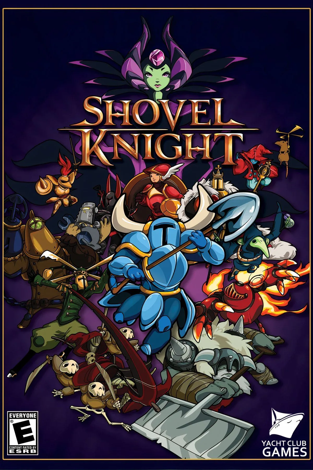 Hình ảnh gameplay Shovel Knight với nhân vật chính dùng xẻng chiến đấu trên nền đồ họa 8-bit