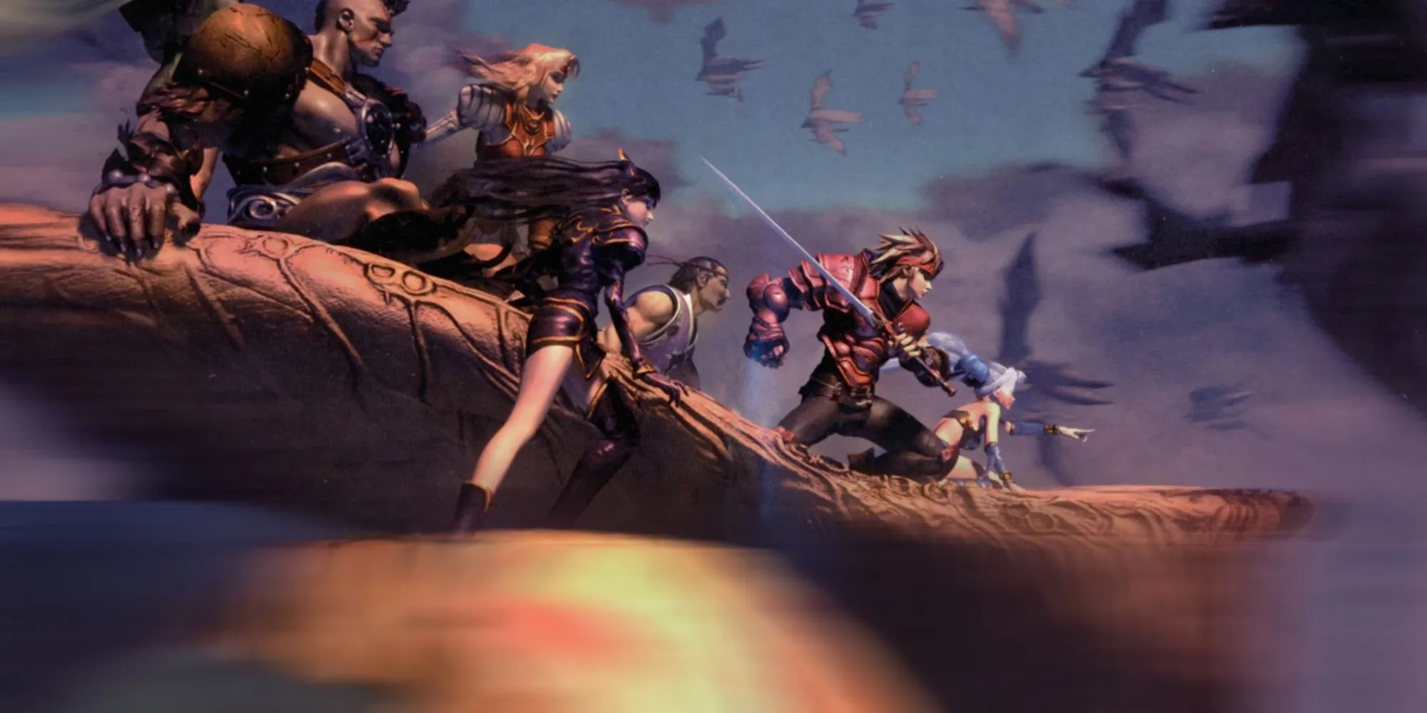 Hình ảnh nghệ thuật của nhóm nhân vật chính với tạo hình đặc trưng trong game nhập vai The Legend of Dragoon trên PlayStation. Tựa RPG kinh điển có trên PS Plus Premium.