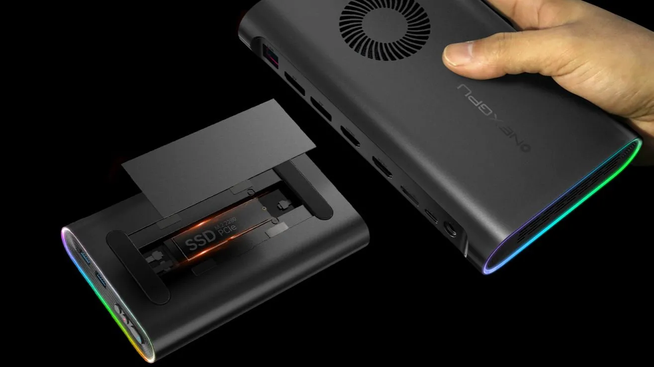 Hình ảnh OneXGPU, một mẫu eGPU di động nhỏ gọn thế hệ mới, được quảng cáo là card đồ họa rời gắn ngoài mạnh mẽ, minh họa cho sự phát triển của công nghệ GPU bên ngoài.