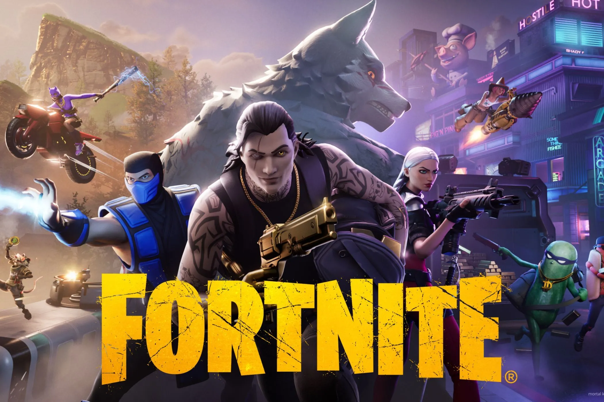 Hình ảnh quảng bá game Fortnite với các nhân vật và sinh vật, biểu tượng của thể loại Battle Royale.