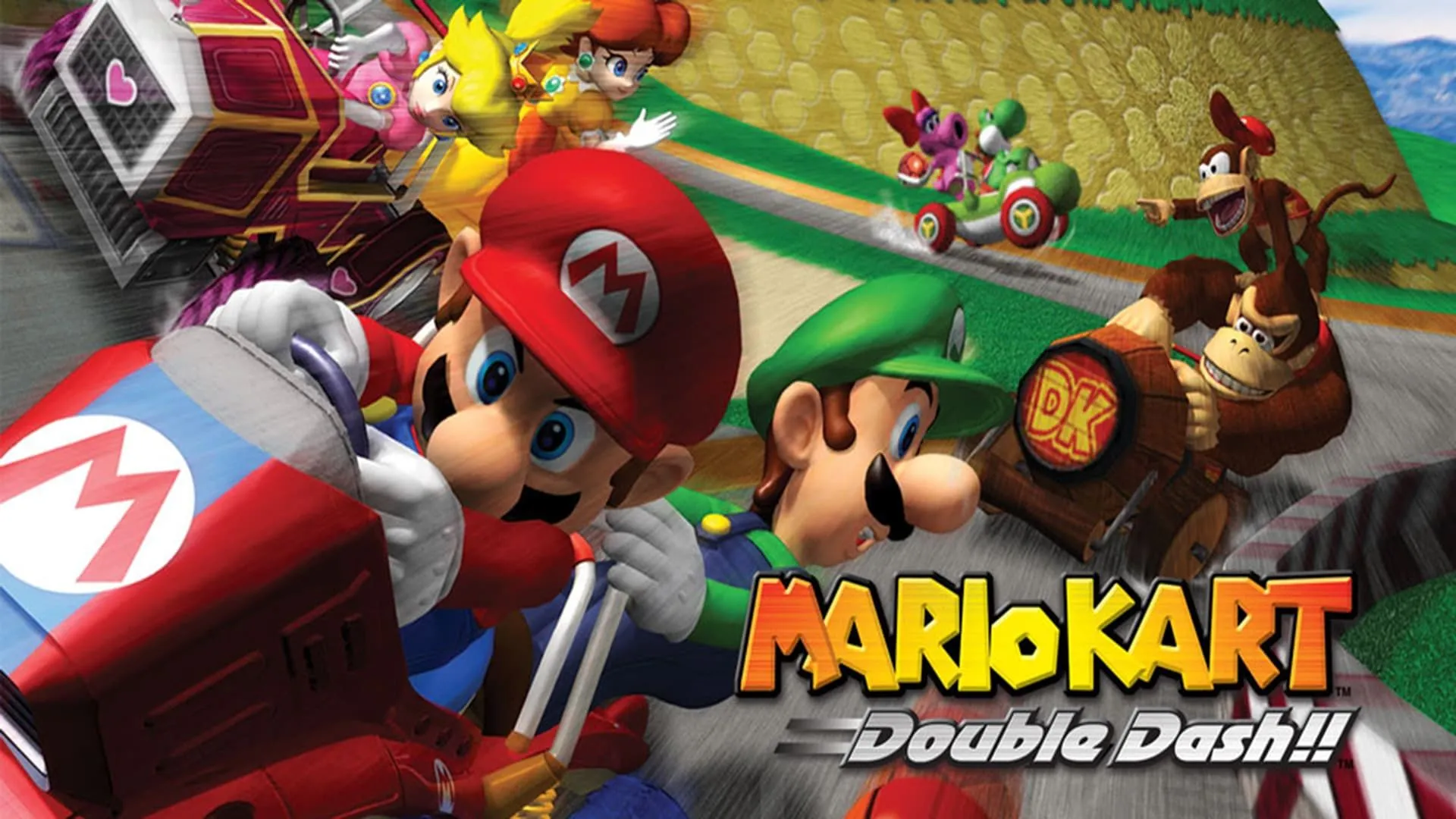 Hình ảnh quảng bá Mario Kart Double Dash, thể hiện hai nhân vật cùng lái một xe đua Go-Kart