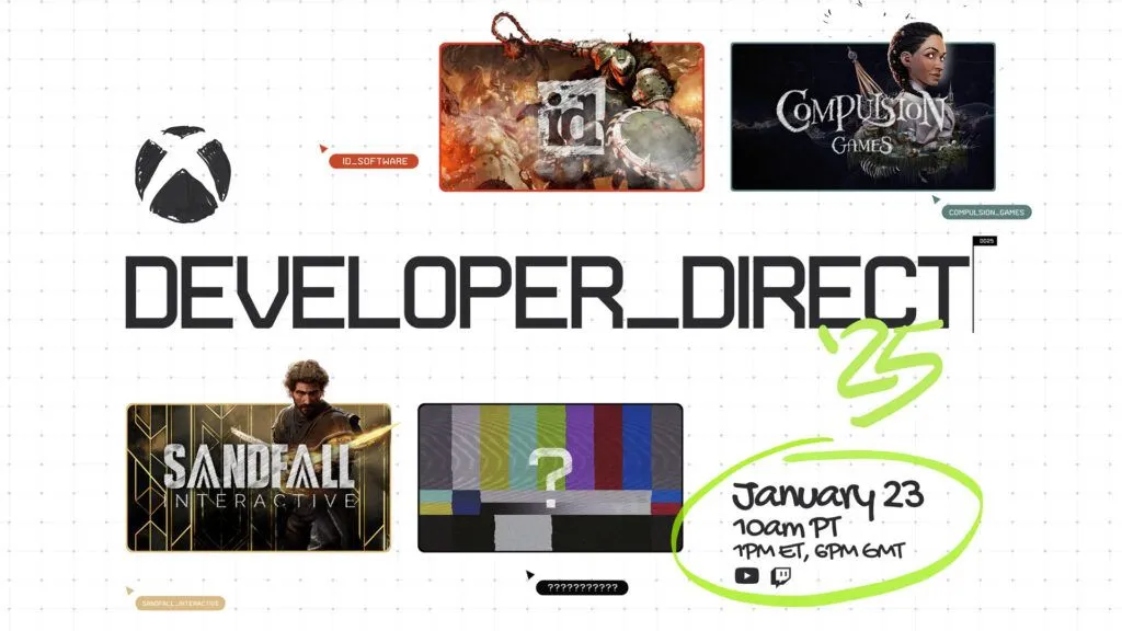 Hình ảnh quảng bá sự kiện Xbox Developer_Direct 2025 với các tựa game nổi bật như South of Midnight và DOOM: The Dark Ages