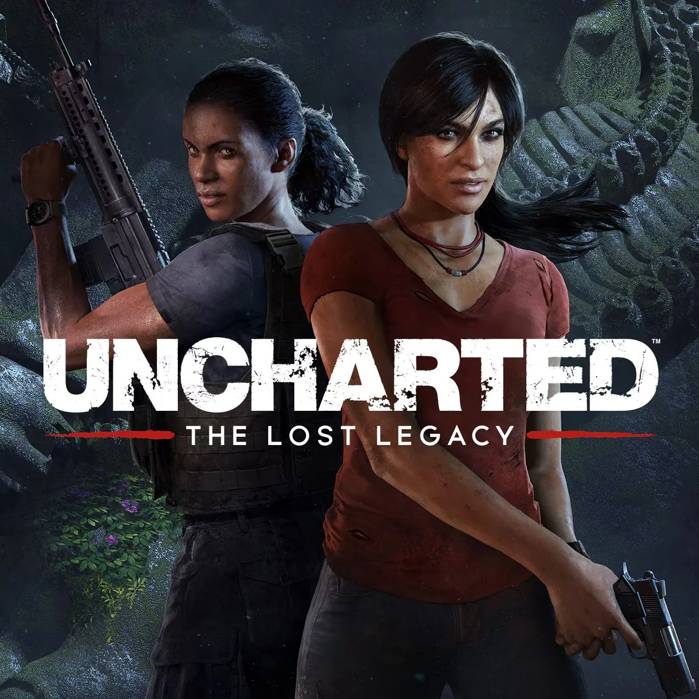 Hình ảnh quảng cáo Uncharted: The Lost Legacy, giới thiệu Chloe Frazer và Nadine Ross trong cuộc phiêu lưu săn tìm kho báu.
