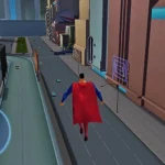 Hình ảnh Superman bay lượn trên bầu trời thành phố Metropolis trong game Superman: Shadow of Apokolips, thể hiện đồ họa cel-shaded đặc trưng của bản chuyển thể từ phim hoạt hình.