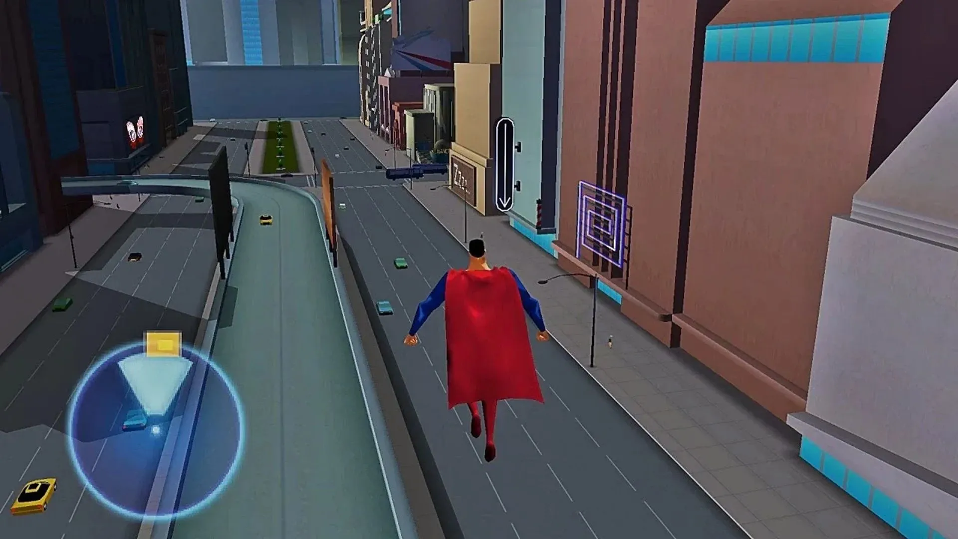 Hình ảnh Superman bay lượn trên bầu trời thành phố Metropolis trong game Superman: Shadow of Apokolips, thể hiện đồ họa cel-shaded đặc trưng của bản chuyển thể từ phim hoạt hình.