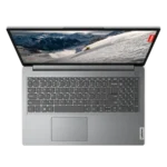 Hình ảnh tổng quan laptop Lenovo IdeaPad 1 màu Xám Bão, nắp mở 100 độ, thể hiện thiết kế mỏng nhẹ