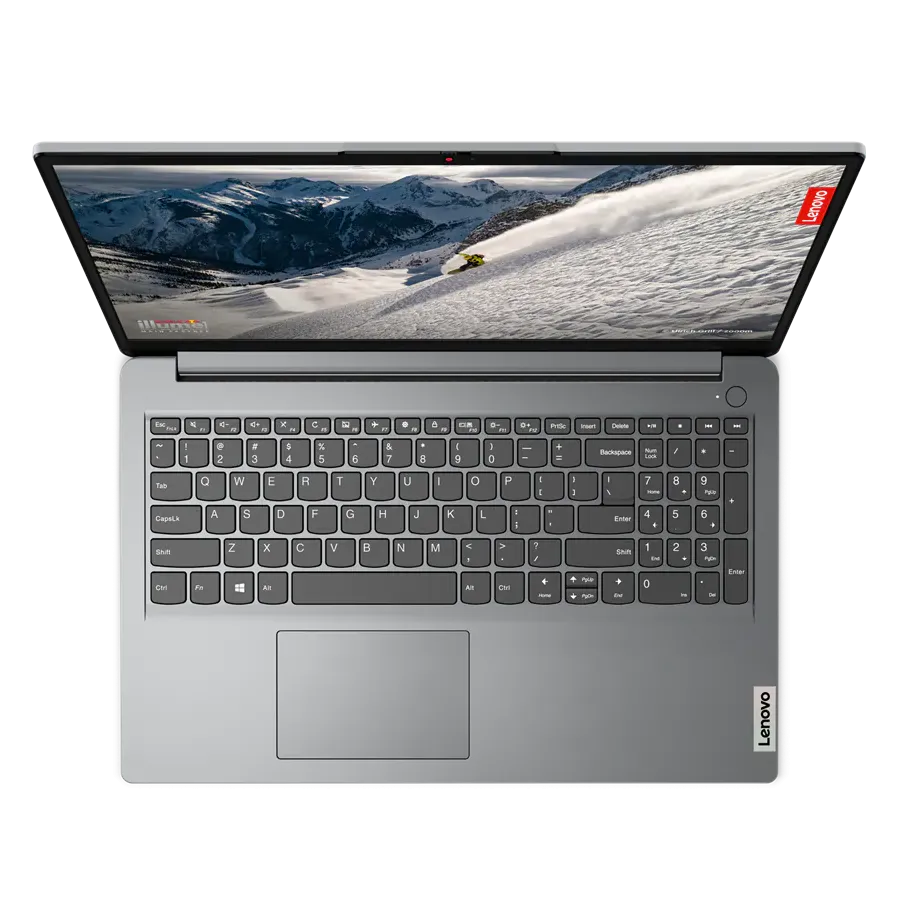 Hình ảnh tổng quan laptop Lenovo IdeaPad 1 màu Xám Bão, nắp mở 100 độ, thể hiện thiết kế mỏng nhẹ