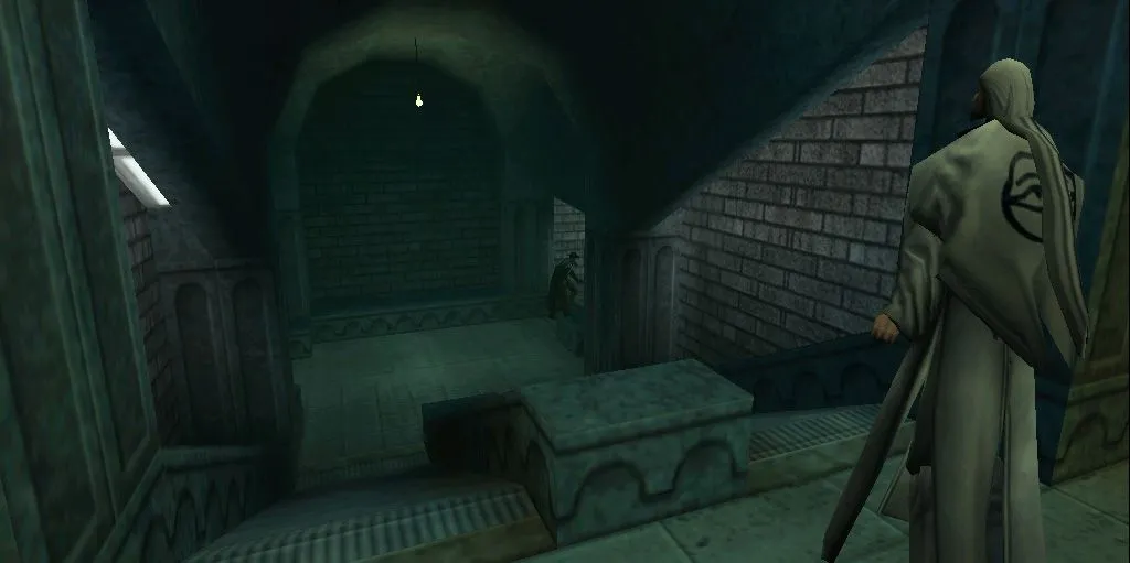 Hình ảnh trong game Blood II: The Chosen với hai nhân vật trong khung cảnh đổ nát, minh họa cho tình trạng game ra mắt chưa hoàn thiện