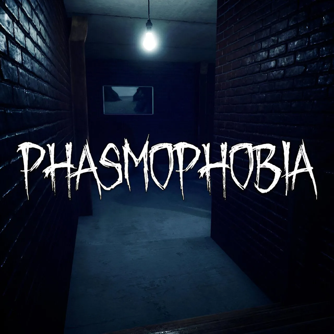 Hình ảnh trong game Phasmophobia, một người chơi đang sử dụng thiết bị dò tìm trong căn phòng tối, thể hiện không khí kinh dị tâm linh.