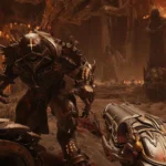 Hình ảnh về ánh sáng xanh và hiệu ứng ánh sáng specular trên súng trong Doom The Dark Ages với Ray Reconstruction DLSS