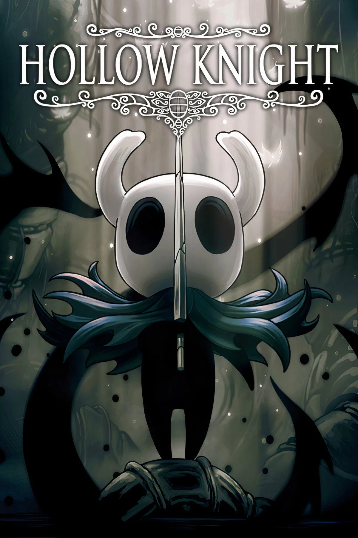 Hollow Knight đứng giữa Hallownest đổ nát, thể hiện phong cách nghệ thuật độc đáo và không khí u buồn của tựa game.